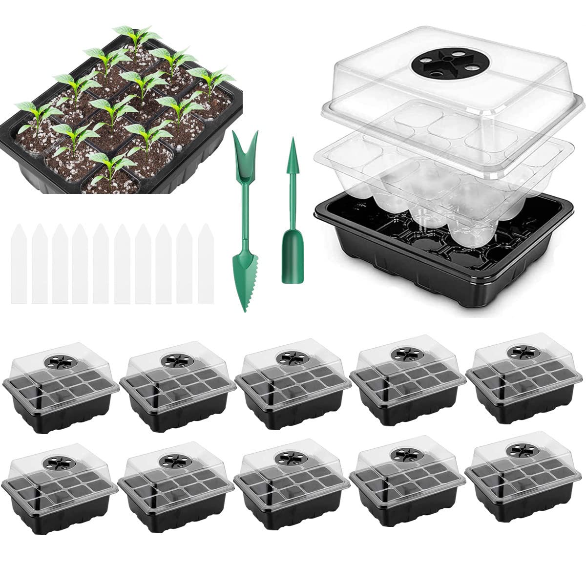 Serra Germinazione,Vassoi di Avviamento per Piantine con 12 Cupole Ventilate per Piante la Semina di Che Crescono,Adatto per Piantare Interni sui Balconi del Giardino (10 PCS-B)