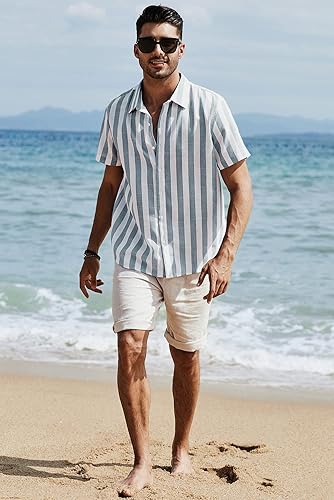 Miniatura 141 de JMIERR Camisas de vestir a rayas con botones y manga corta para hombre