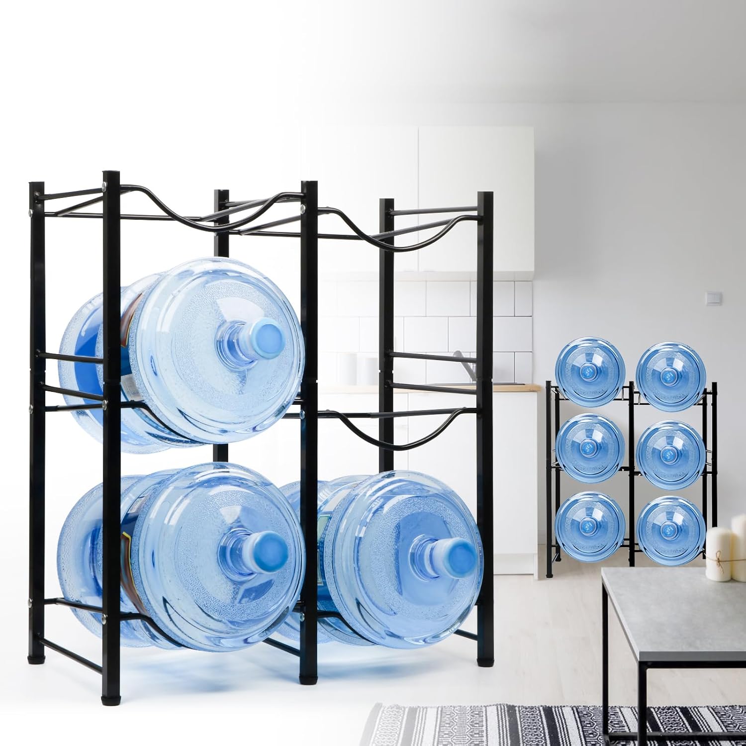 HOXHA Water Jug Holder 5 Gallon Water Jug Rack Heavy Duty Water Bottle Organizer Shelf Water Jug Dispenser Stand for Kitchen Home Office, 6 Slot