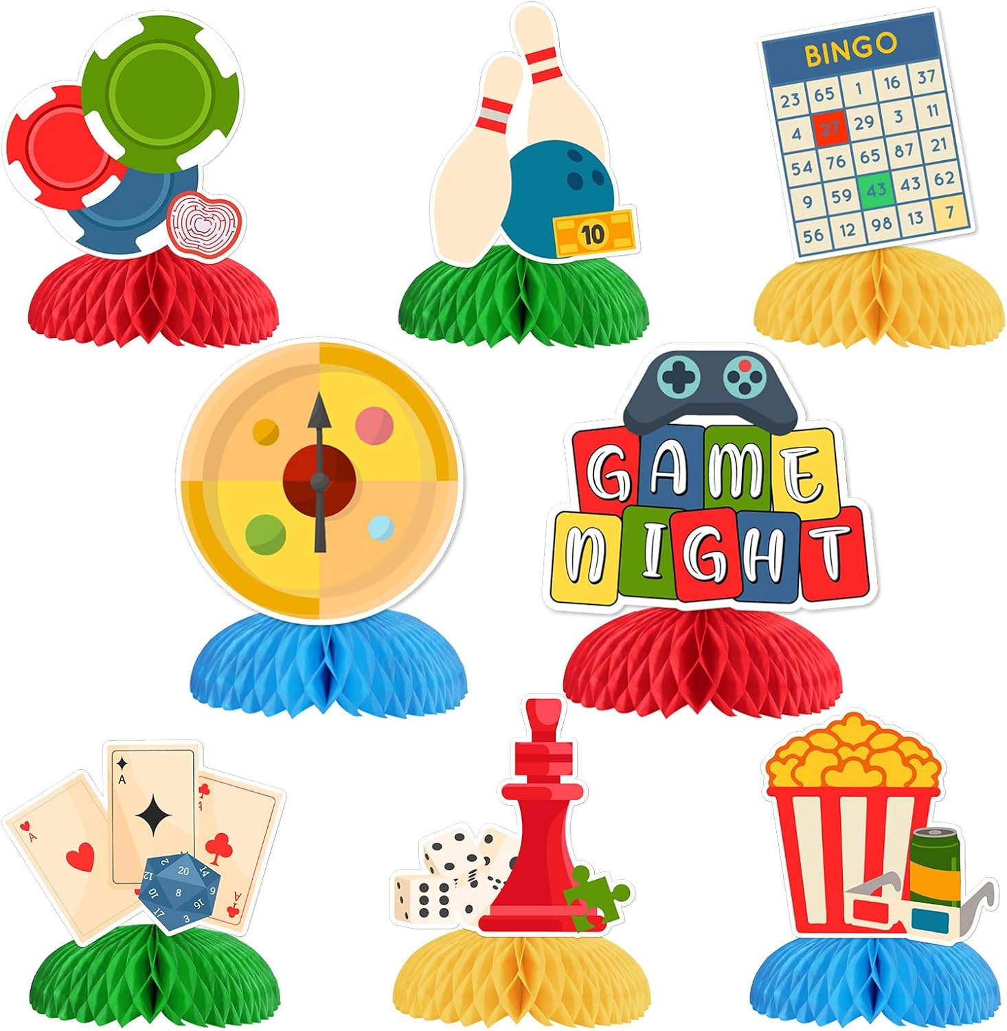 Game Night Decorations, 8pcs Family Game Night Honeycomb Centerpiece Double-sided Printing Gaming Party Table Decorations for Game Night Bingo Party Supplies