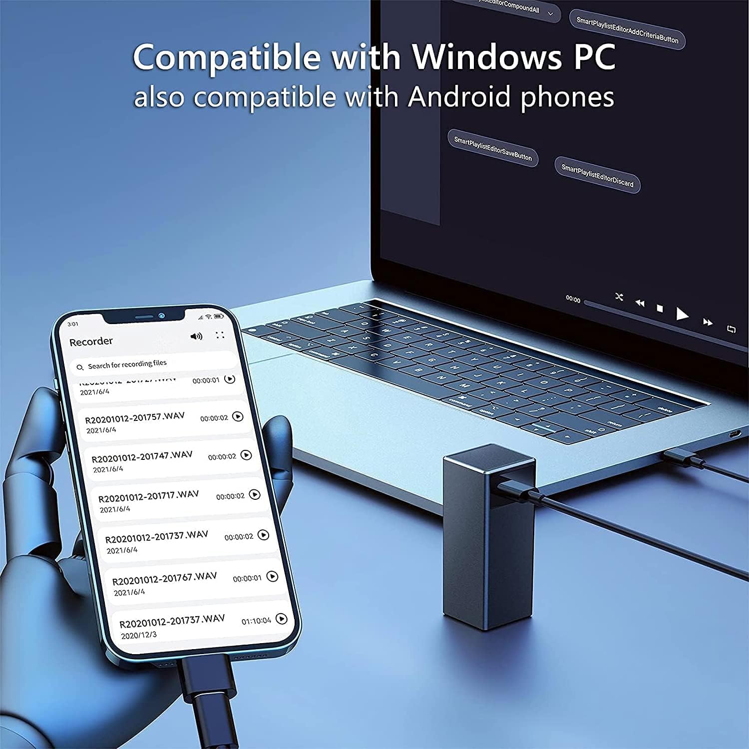 Image demonstrating the CAPOXO voice recorder connected via a USB adapter to a laptop and an Android phone, illustrating compatibility for file management.