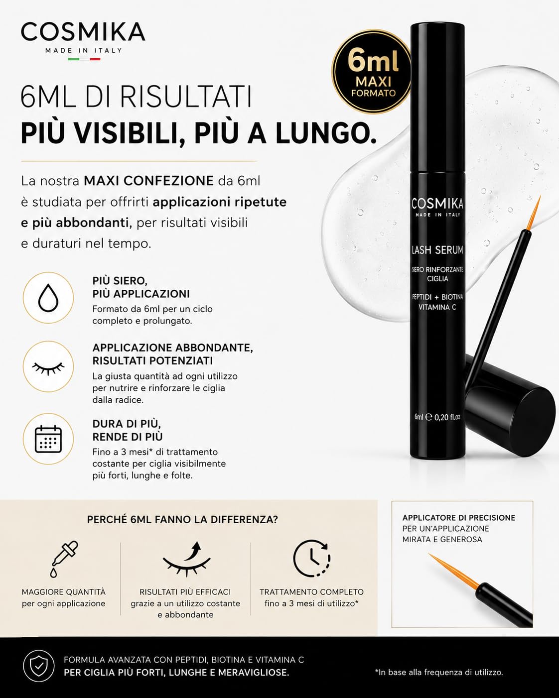 Siero Ciglia Allungante e Volumizzante MADE IN ITALY, Peptidi E Biotina per Ciglia e Sopracciglia, Flacone 6ml