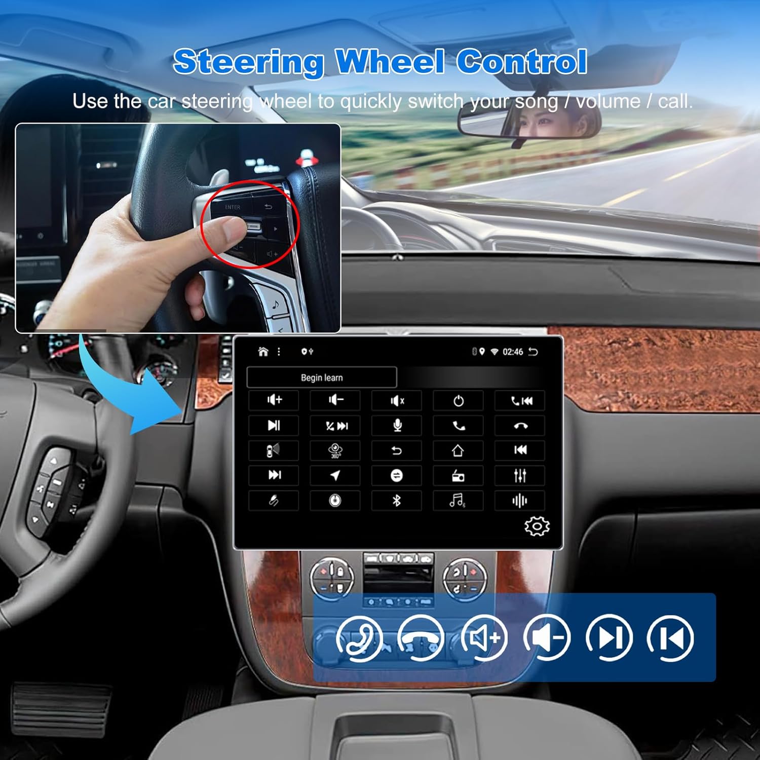 Diagram showing a hand pressing a button on a car steering wheel, with the car stereo displaying the steering wheel control learning interface.