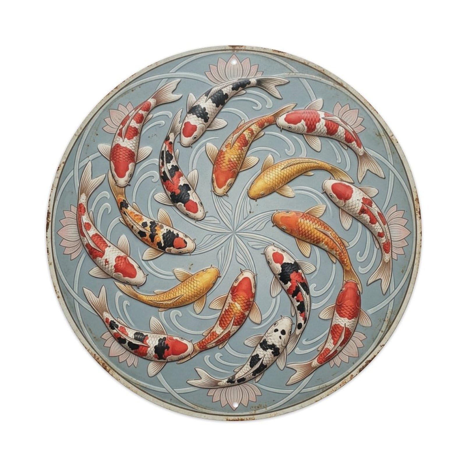 Koi Fish Circle Eternity Koi Fish 1 Vintage Metal Tin Sign Plaque Wall Decor for Cafe, Club Bar, Office, Garden Metal Poster 8x8Inch