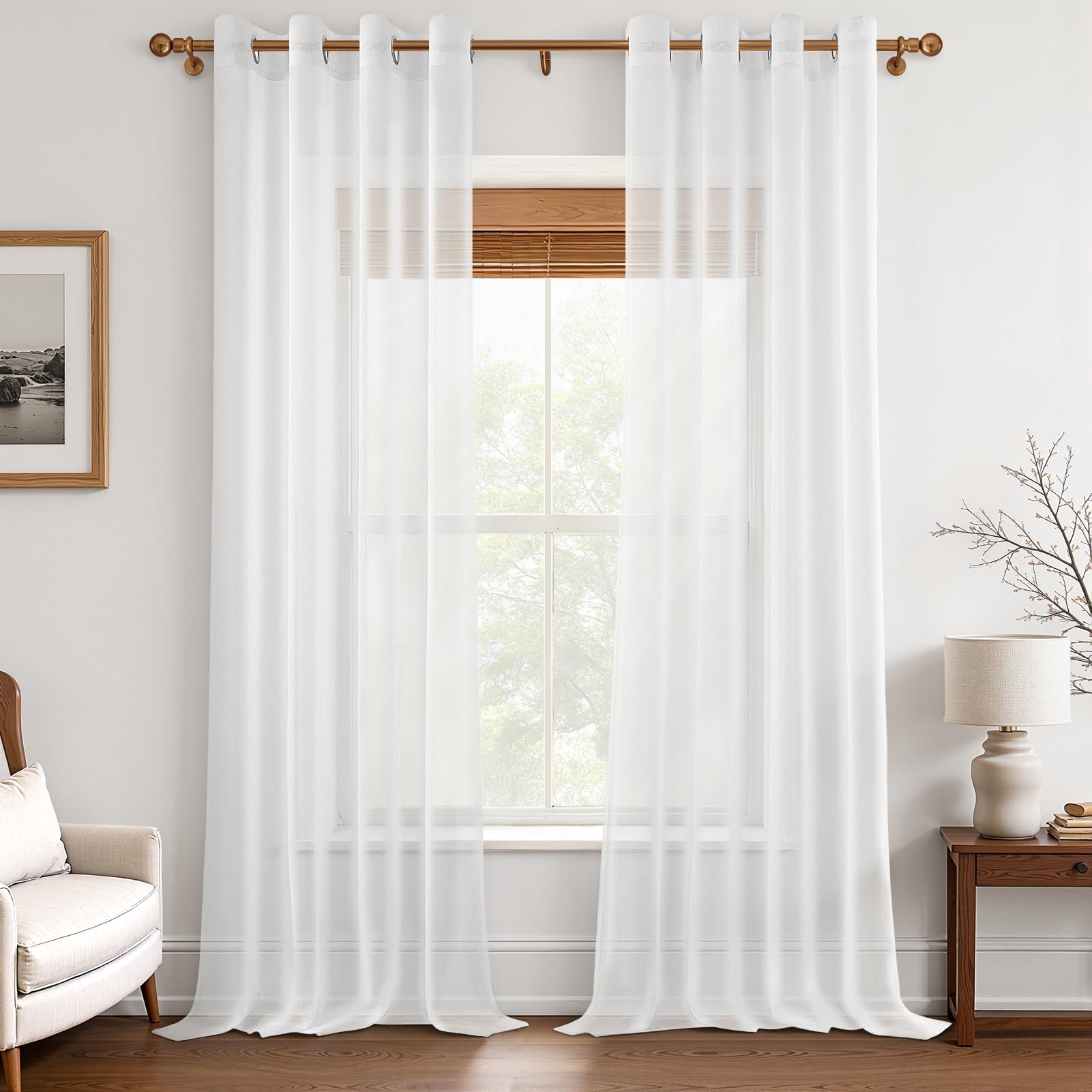 MRTREES Voile Gardinen Vorhang halbtransparent kurz mit Ösen in Leinenoptik Stores Gardinen Schals für Wohnzimmer Schlafzimmer Kinderzimmer Weiß 240×140cm (H×B) 2er Set