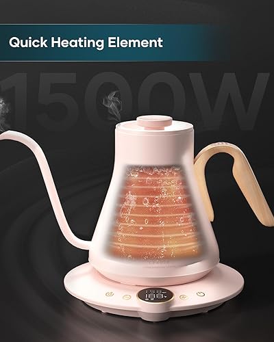 Miniatura 5 de Hervidor eléctrico de cuello de cisne con control de temperatura de  1  para verter sobre café y té, calentamiento rápido, acero inoxidable sin BPA,