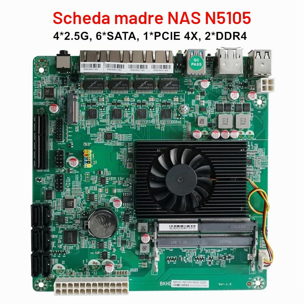 Scheda madre NAS N5105, 4 porte i226/i225 2.5GbE LAN, M.2 NVMe, 6* SATA3.0, 2* DDR4, 1* PCIe4.0, Mini ITX Soft Router VPN Openwrt Barebone Micro Appliance fai da te