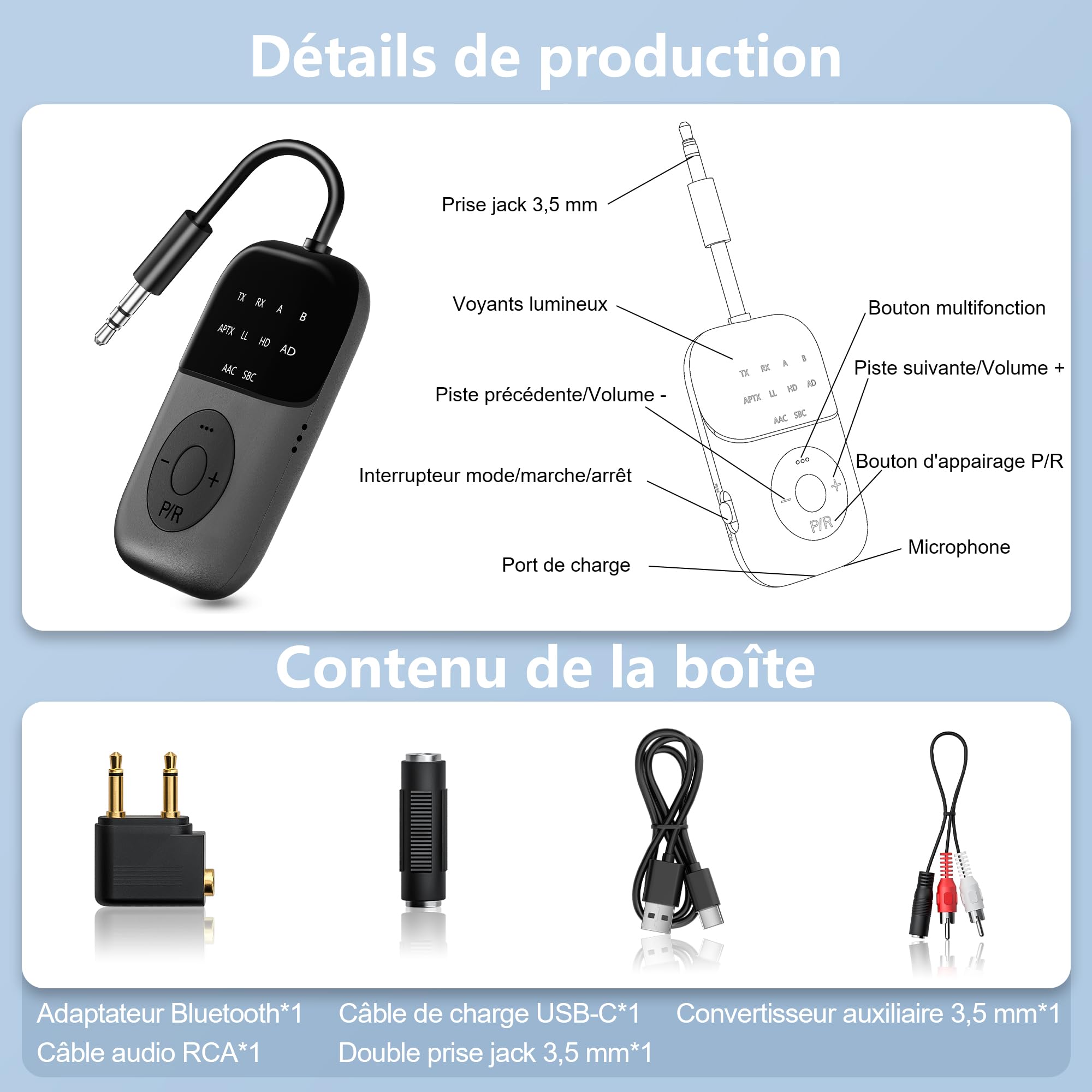 Bluetooth 5.4 Transmetteur Récepteur, 2-en-1 Adaptateur Bluetooth Avion, Double Casque & 24H Autonomie - pour TV, Avion, Voiture, Tablettes, Casque TV sans Fil, Compatible AirPods & aptX