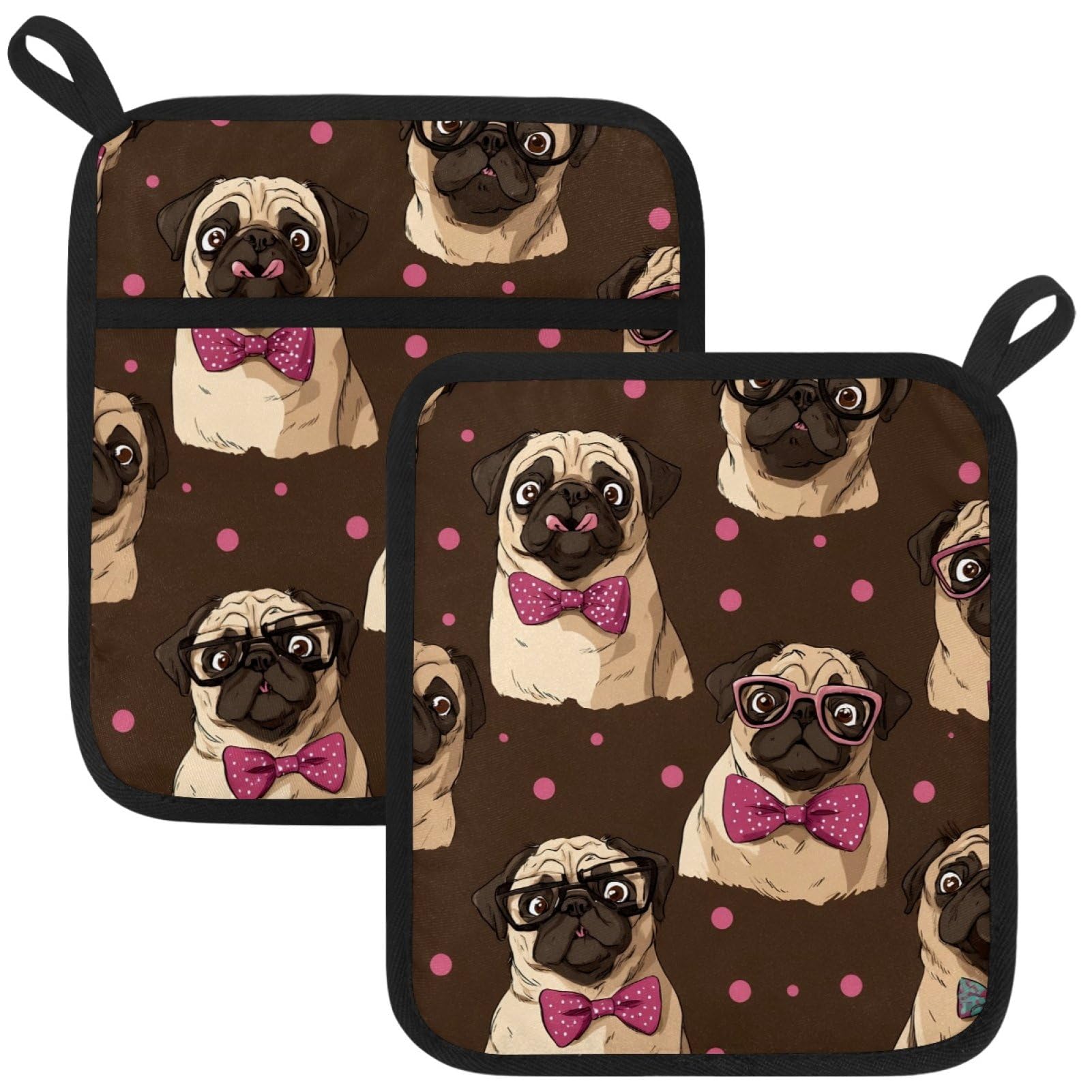 VAPOKF Pug Bow Heat Resistant Pot Holders, Thick Pot Holders Pad with Hanging Loop for Kitchen, Oven Cloth Pads for Kitchen Baking Microwave Oven