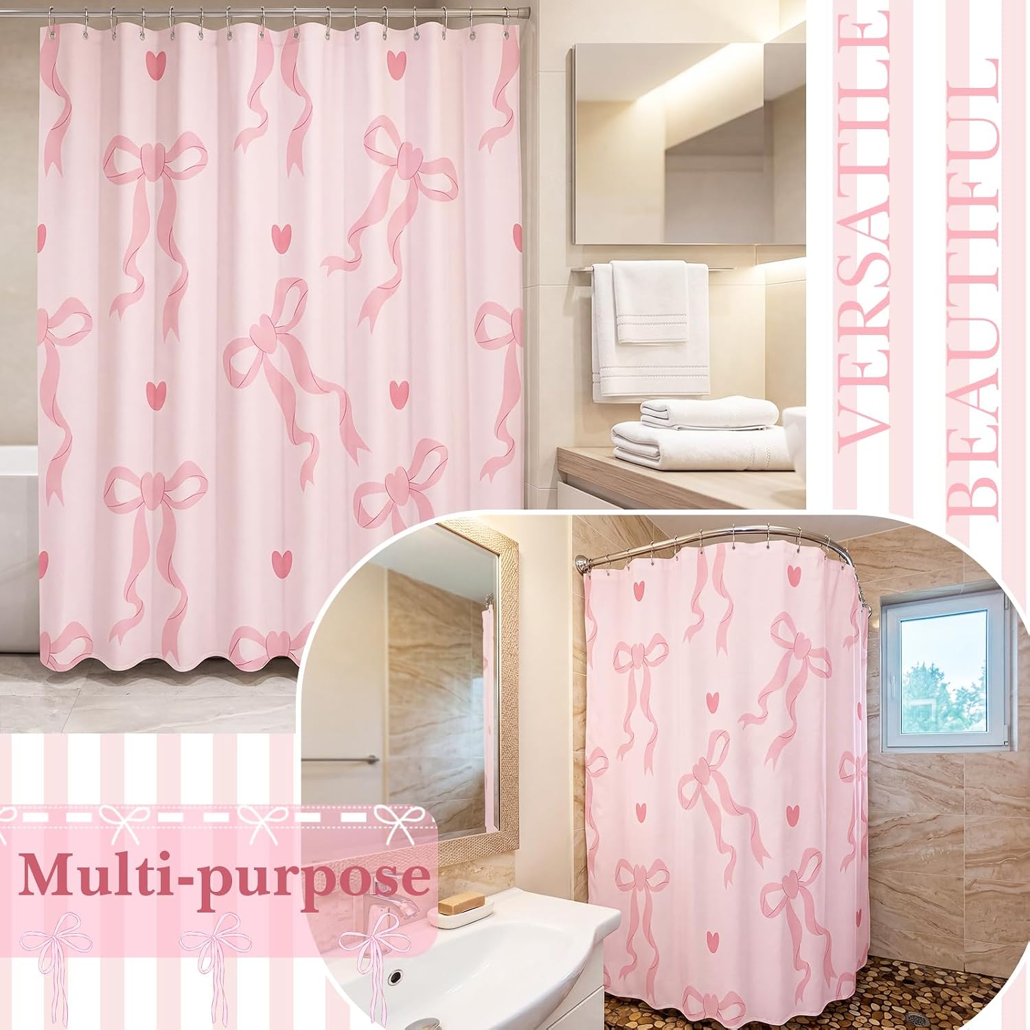 Haull Pink Bow Shower Curtain for Bathroom Coquette Preppy Curtain Decorations with 12 Hooks Pink Bow Aesthetic Bathroom Decor Waterproof Shower Accessories, 72 x 71 Inch image 4