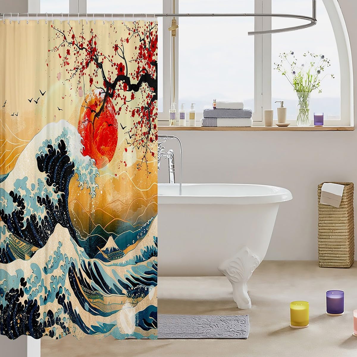 Feelyou Japanese Wave Shower Curtain 72"x78" Kids Cherry Blossoms Bathroom Shower Curtain Set for Boys Girls Japanese Ukiyoe Theme Home Decor Bath Curtain Red Sun Japanese Style Bathroom Accessories