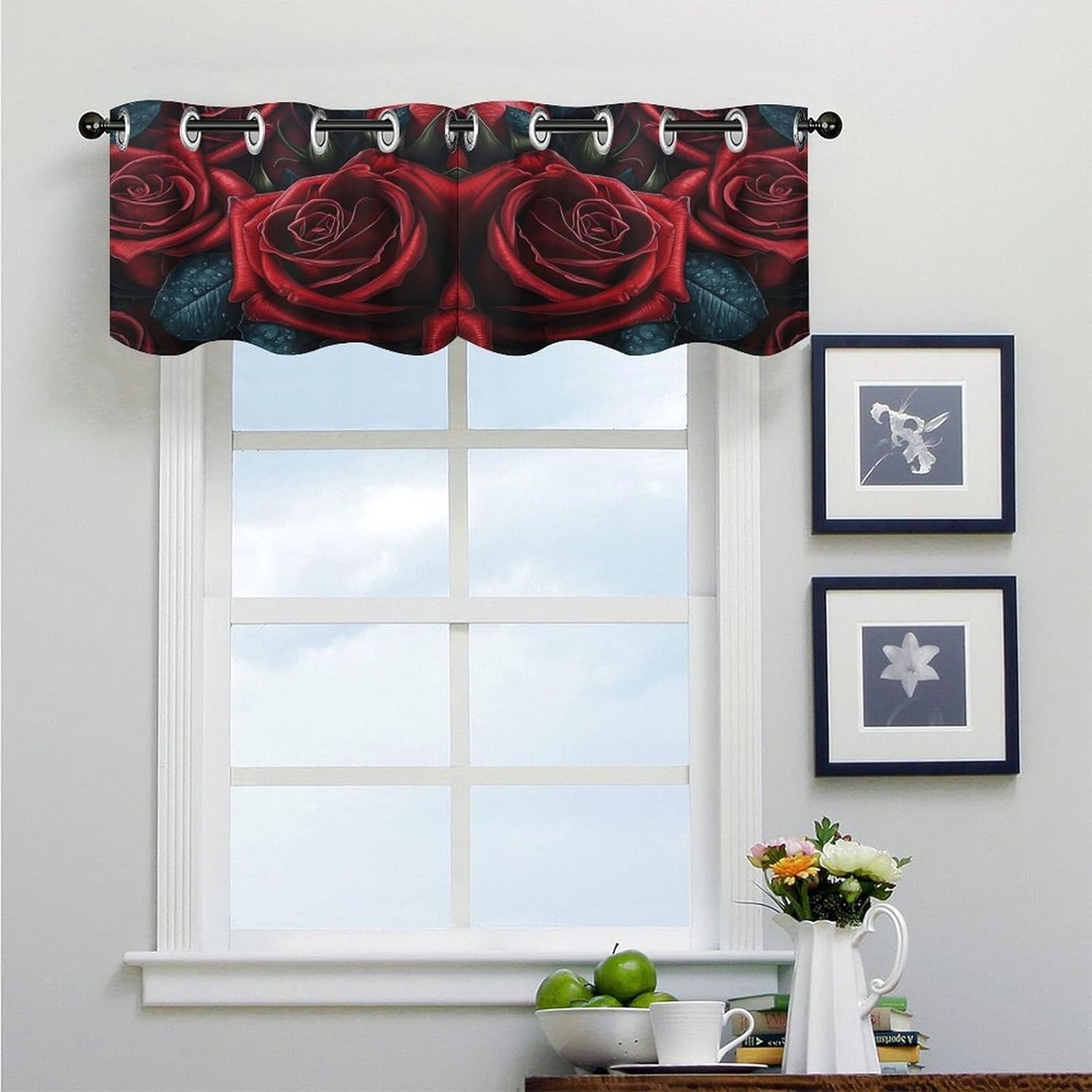 Red Flowers 2 Pack Valance Curtains Window Treatments. Adjustable Curtain with Rod Pocket.Cafe Curtains is Half Curtains for Privacy Decorative 52x18.1 Inch.