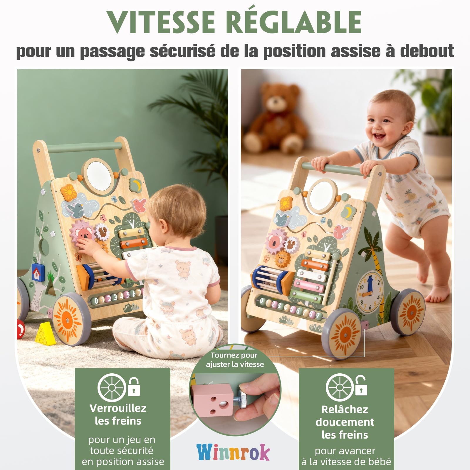 Chariot de Marche en Bois pour Bébé, Centre d'Activités Multiples Montessori, Trotteur Bébé Hauteur et Vitesse Réglables, pour Fille et Garçon de 6 Mois à 2 Ans, Cadeau pour Anniversaire et Noël