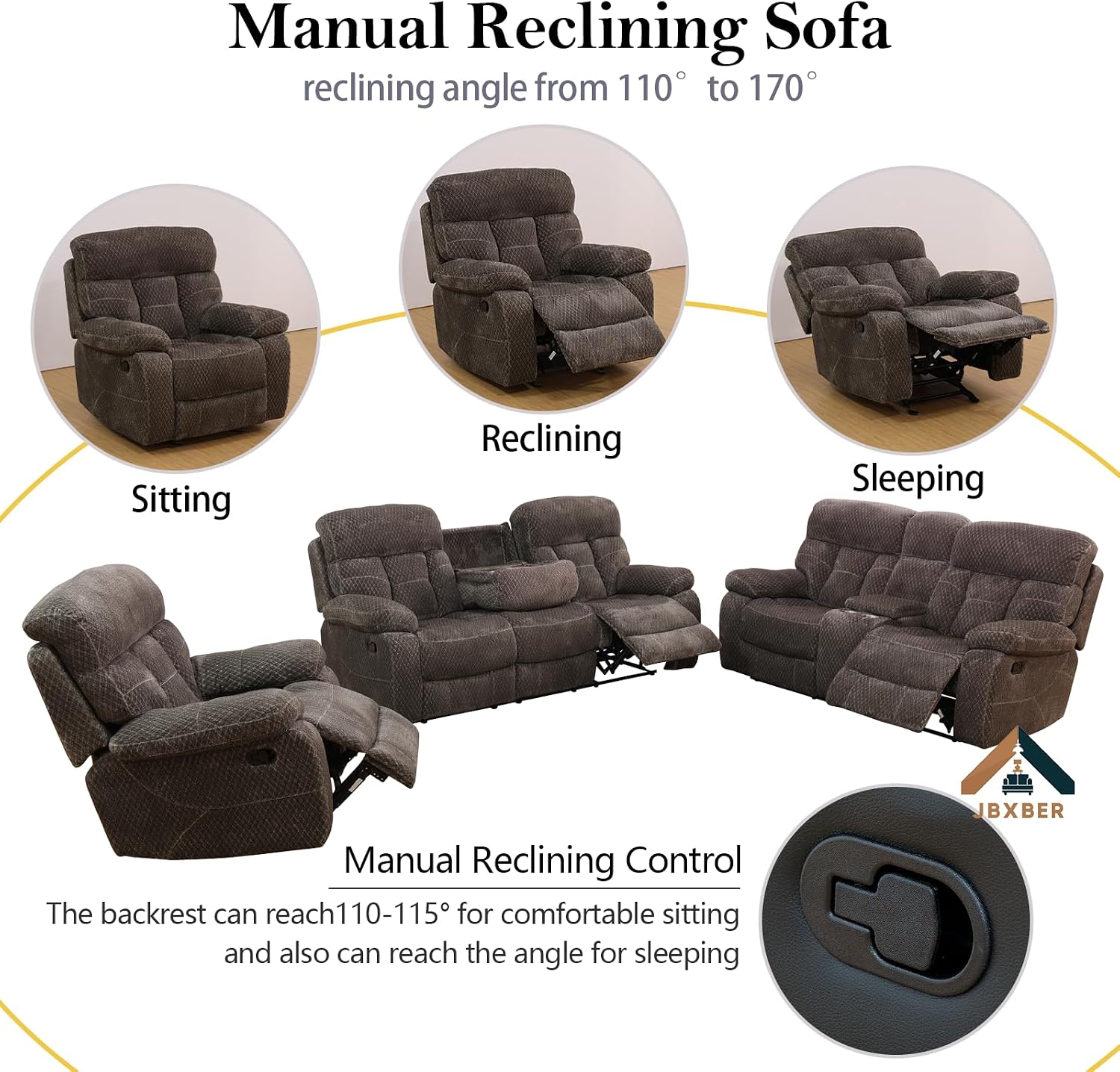 Recliner Sofa Set for Living Room, Manual Recliner Sofa Set, Living Room Furniture Set, Sofa Loveseat and Chair 3 Piece Set with Cup Holder Storage Console(Chair,Brown)