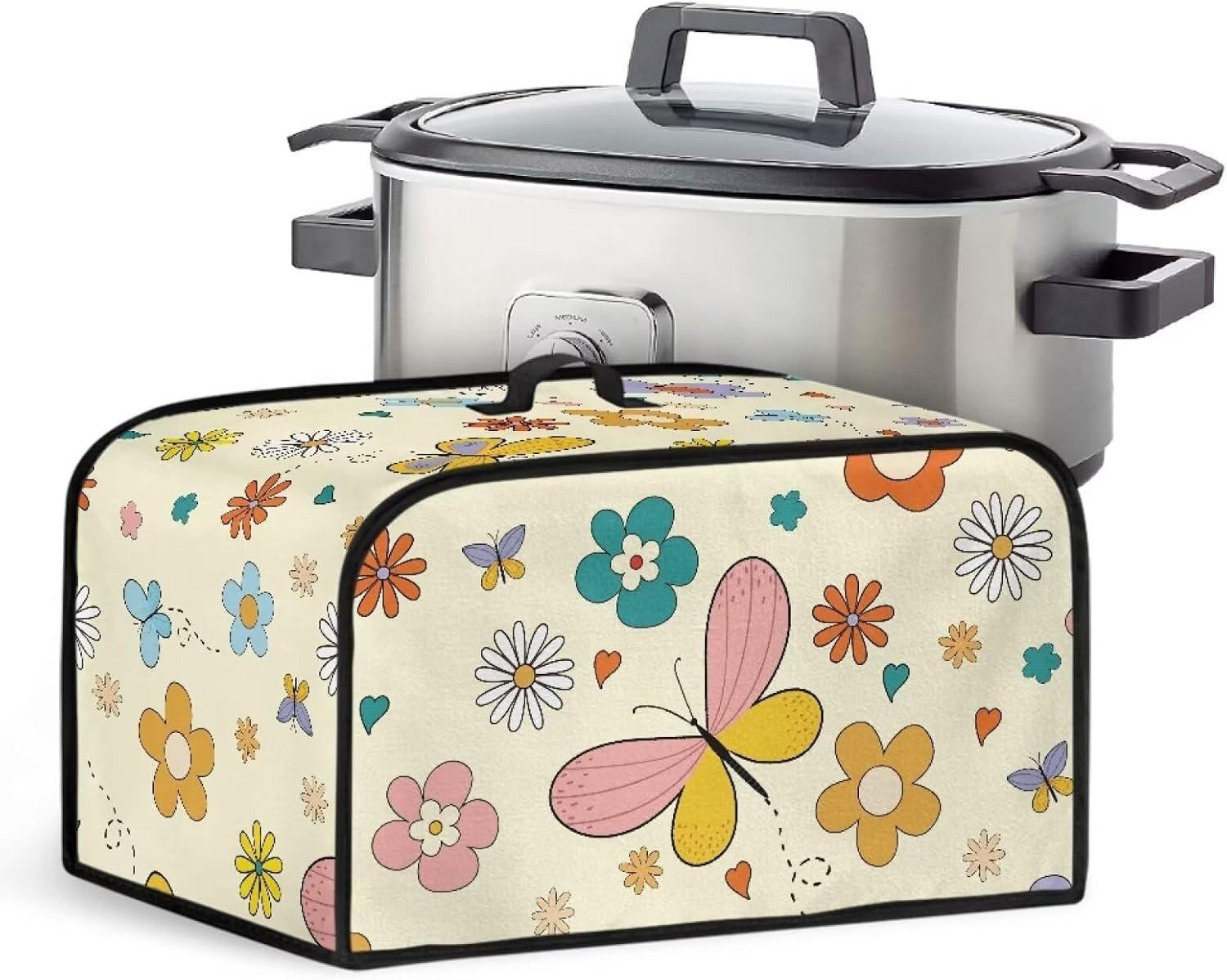 Talayituse Butterfly Daisy Print Slow Cooker Cover for Crock-Pot 6-8 Quart, Stain Resistant Slow Cooker Dust Cover Appliance Cover with Top Handle and Accessories Pocket, Keep Kitchen Clean