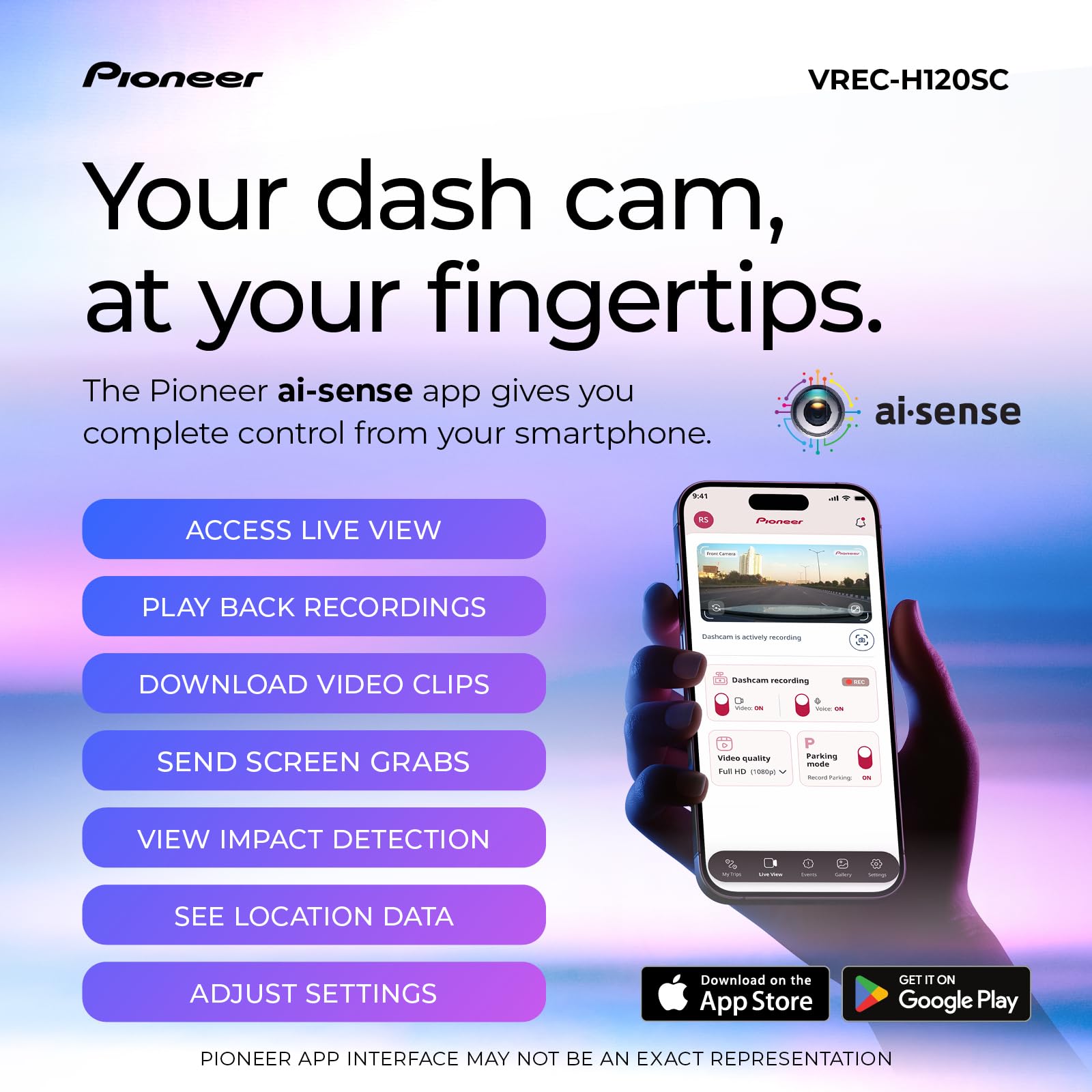 Pioneer VREC-H120SC - Telecamera da cruscotto compatta, discreta risoluzione 1,5 K per auto con rilevamento degli impatti, copertura grandangolare a 120 gradi, WiFi integrato, app Companion, USB-C