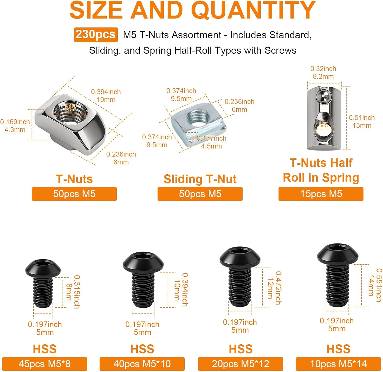 230pcs M5 T-Nut Screw Kit for 2020/2040 Series Aluminum Extrusion