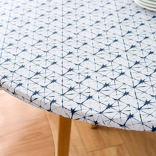 Miniatura 2 de LIBERECOO Mantel redondo de vinilo ajustable impermeable con bordes elásticos, líneas geométricas, manteles de plástico para interiores y exteriores