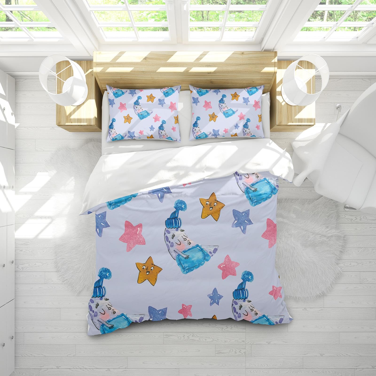 Juego de funda nórdica con estampado de estrellas y luna, juego de cama completo con estampado divertido y divertido, ropa de cama para niños, decoración de dormitorio 200x200cm -80x80cm*2