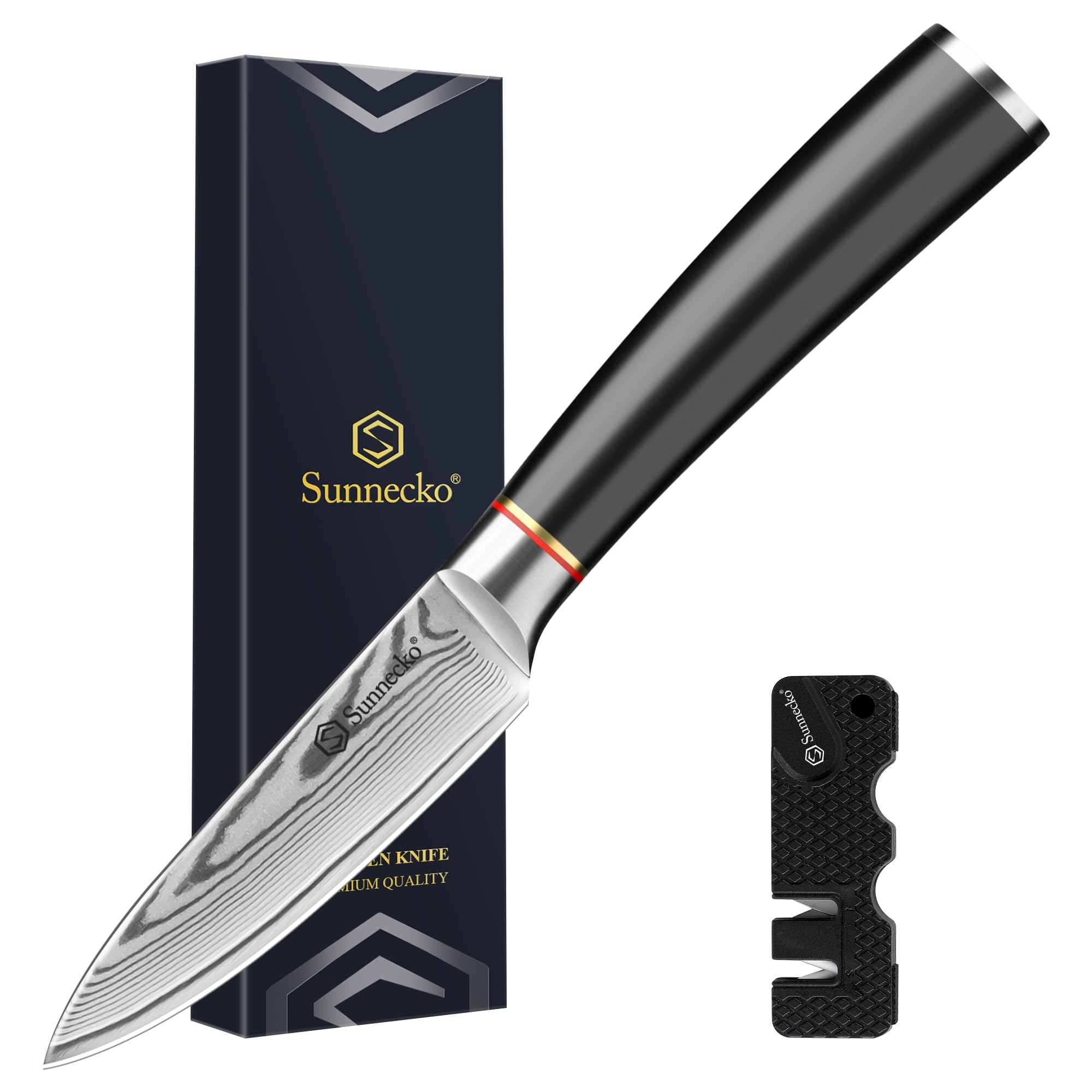 Sunnecko Damascus Paring Knife, Japanese VG10 Core Steel Damascus Fruit Knife,Professional Razor Sharp Small Kitchen Knives with Knives Sharpner