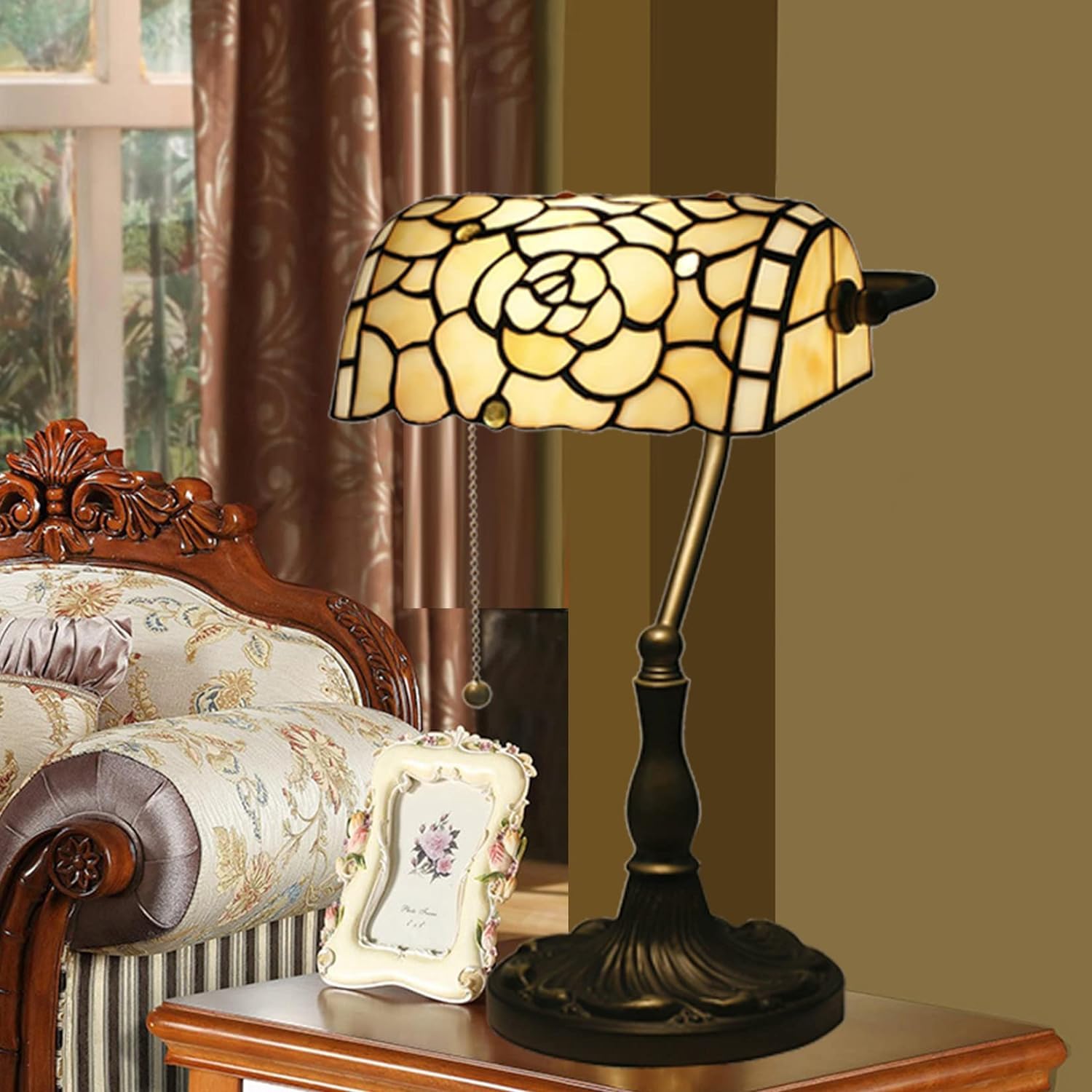 Lampa bankierska w stylu Tiffany'ego lampa na biurko czerwona różowa róża koliber witraż lampa stołowa 15 "wysoka luksusowa regulowana lampa fortepianowa dla kochanka dziewczyna pani salon sypialnia,