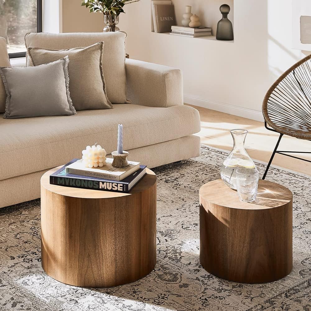 Round Nesting Coffee Table Set of 2 Wood Circle Coffee Tables Side Table End Table for Living Room for Living Room Apartment Walnut