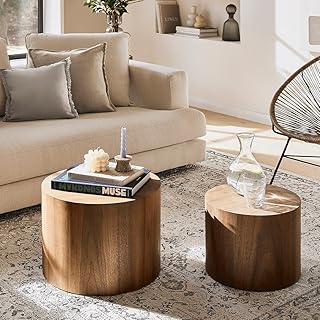 Nesting Coffee Table Set of 2, Walnut Round Wooden Small Side Table Modern End Table, Circle Accent Furniture for Small Space Living Room Bedroom, No Assembling (Walnut)