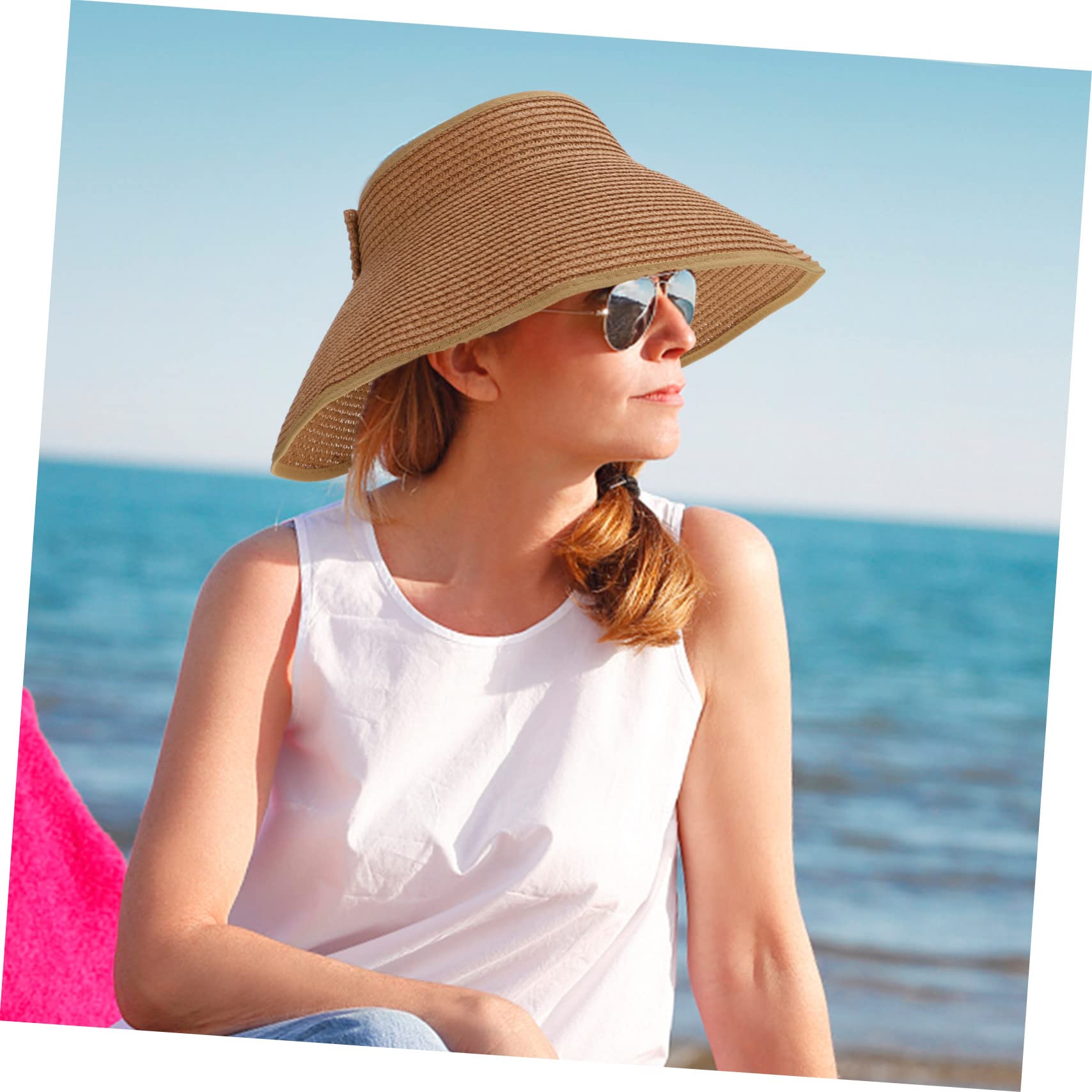 Strandhut Hut mit Sonnenblende Stroh Visier für Frauen Kappe strandloege Strand zubehör Großer sonnenhüte für Damen sommerlicher Outdoor- Falt Coffee