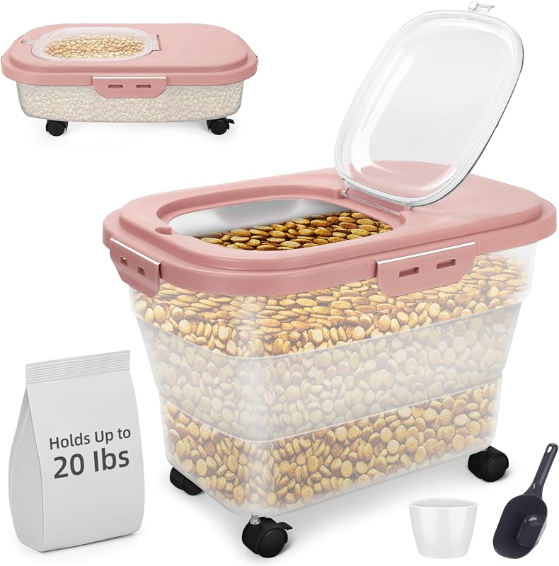 Containerizador Hermético Dobrável para Ração de Cães YECERCAN com Rodízios, Pá e Copo Medidor, Vermelho, 20 L