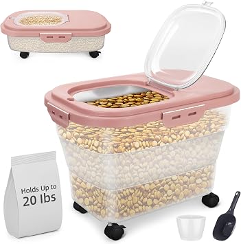 Airtight Pet Food Container, Collapsible Dog Food Storage Container 17-20 lb with Castors, Plastic Dog Food Bin with Pet Food Scoop & Measuring Cup for Dry Food Storagered