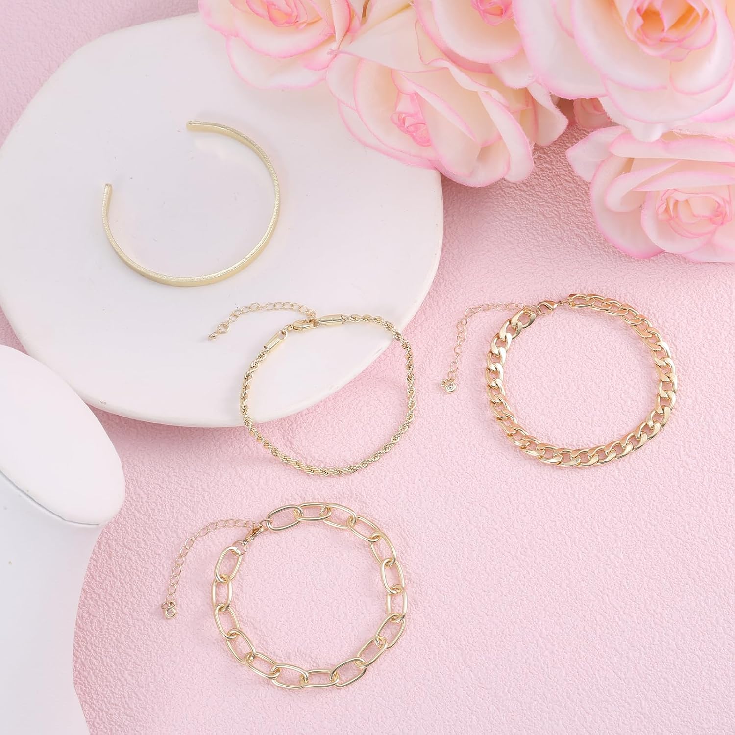 4pcs Waterproof Link Cuff Herringbone Bracelet, Dainty Stackable Gold Cuff Chain Chunky Gold Layer Bracelets, Chunky Stack Jewelry Cuban Link Paperclip Chain for Women - Image 3