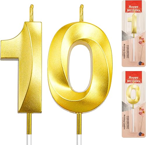 Velas doradas de cumpleaños número 10, números de feliz cumpleaños para decoraciones de pasteles