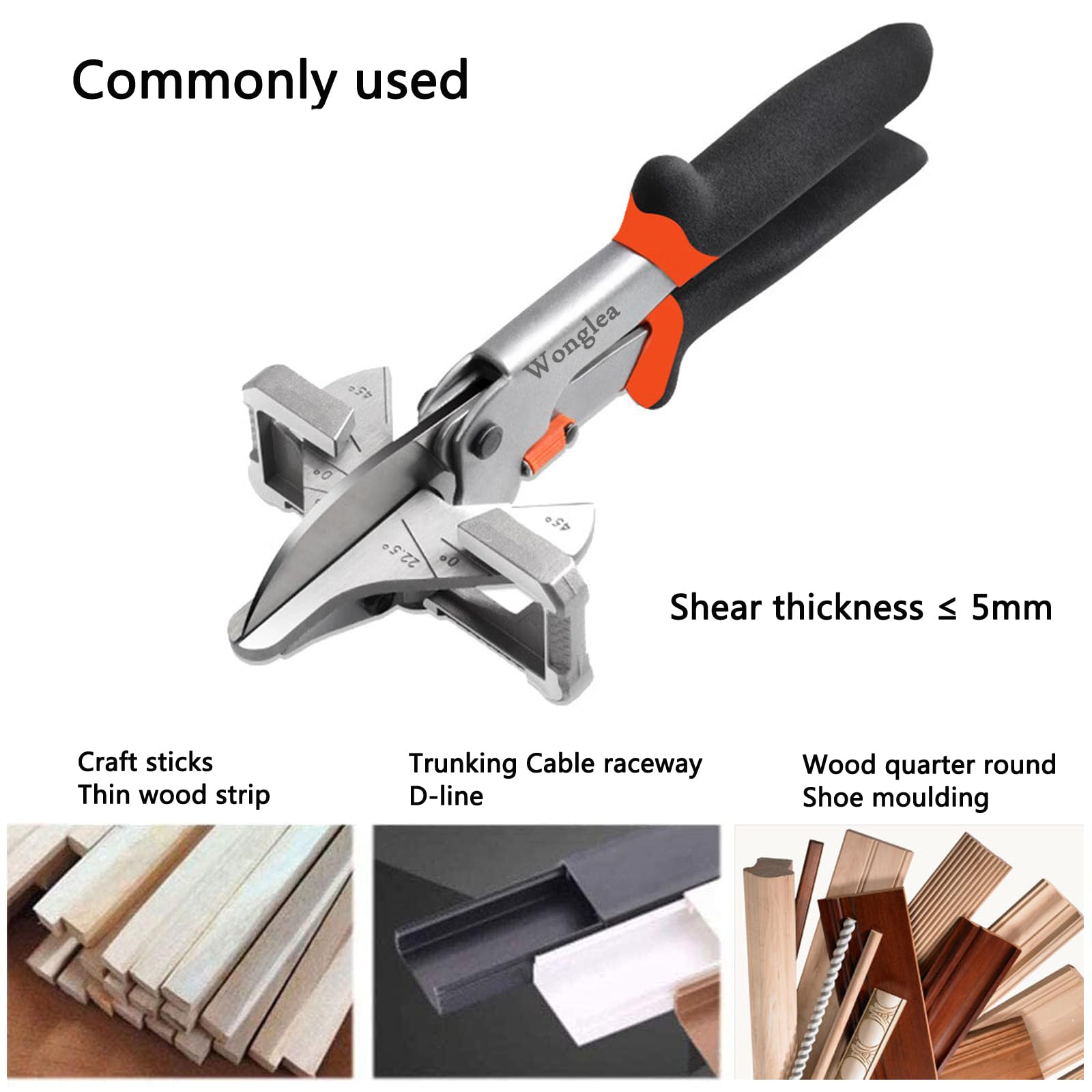 Wonglea Multi Angle Miter Shears,Large Quarter Round Cutting Tool with Long Handle,Shoe Molding Cutter for 22.5 degree Wood Crafting,Multifunctional Trunking Shears with 2 Replacement blades
