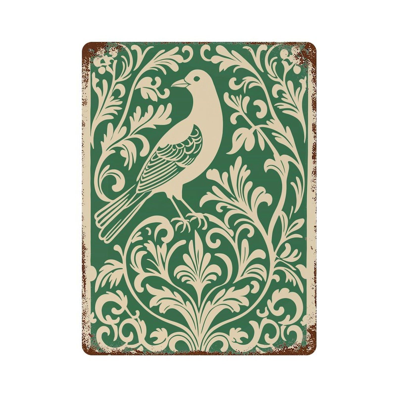 Bird And Floral Ornament Illustration Rustic Tin Plaque 15.7"x11.8", for Pub, Kitchen And Man Cave Decor, Vintage Wall Decor