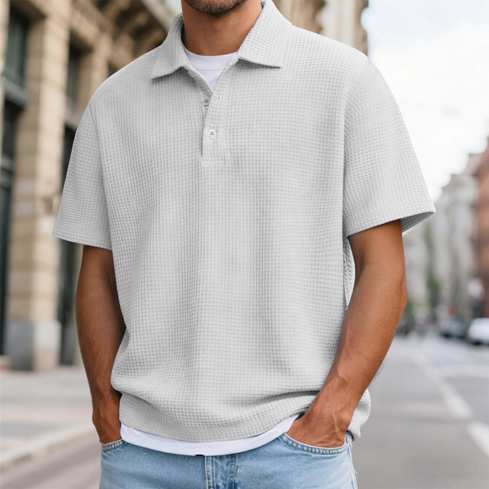 Polo Homme à Texture Gaufrée Tee Shirt Homme Couleur Unie Chemise à Manches Courtes et Boutons Blouse Décontractée avec Poche