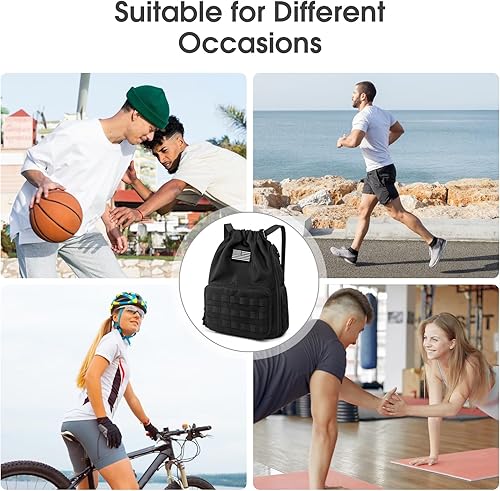 Miniatura 6 de G4Free Mochila con cordón para gimnasio, bolsa de baloncesto de fútbol con compartimento para zapatos, bolsa deportiva táctica, Negro -, Classic