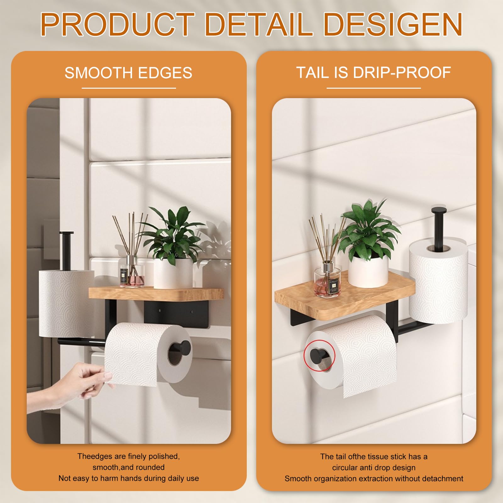 Support Papier Toilette En Bambou Avec Tablette - Fixation Sans Perçage Ou Visée - Pour Salle De Bain Et WC - Dimensions 17x14.5x13 Cm