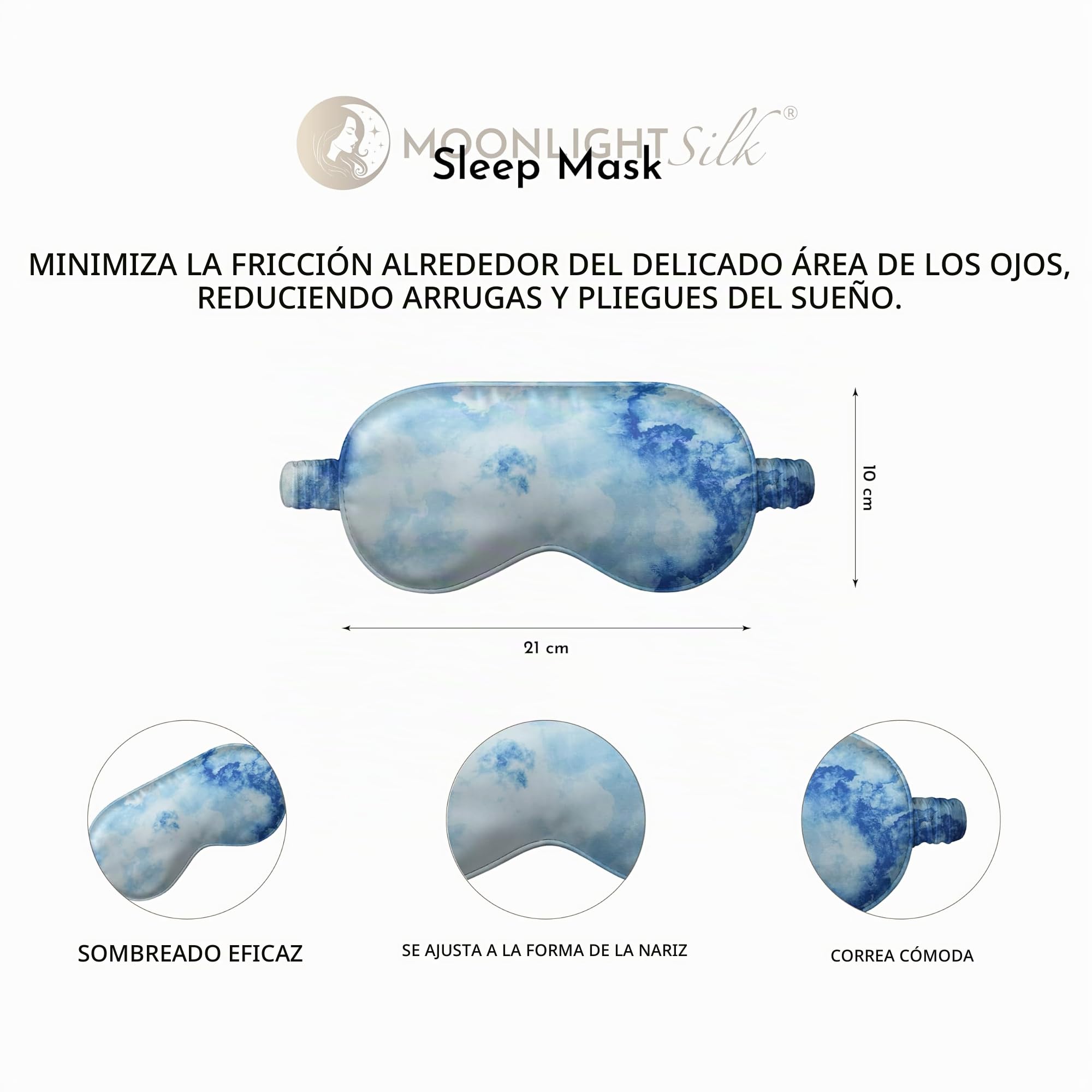 Sleep Beauty Set 100% Seda de Morera, 22 Momme, 50x75 cm - Funda de Almohada | Antifaz para Dormir | Coletero - Grado 6A, Oeko-Tex Piel hidratada y sin Arrugas (Nubes Esponjosas)