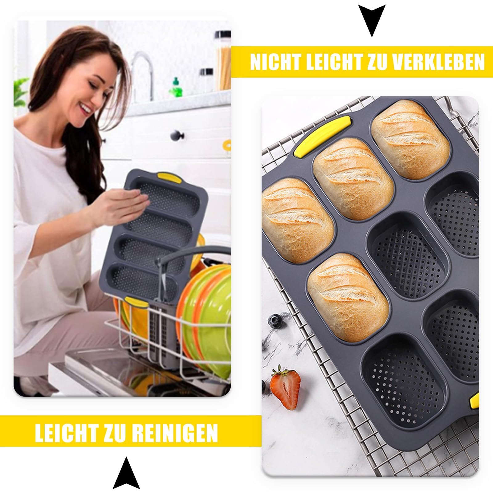 Stampo per Baguette, 2 Pezzi Stampo per Baguette in Silicone Antiaderente, Stampo per Panini, Stampi per Baguette, con Taglierina e Pennello in Silicone, per Cuocere il Pane in Cucina, Grigio