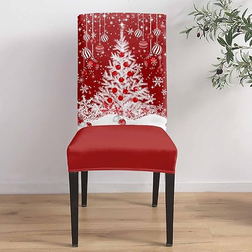 Miniatura 4 de Juego de 6 fundas para silla de árbol de Navidad, bolas de colores copos de nieve, color rojo invierno, fundas elásticas para sillas Parsons