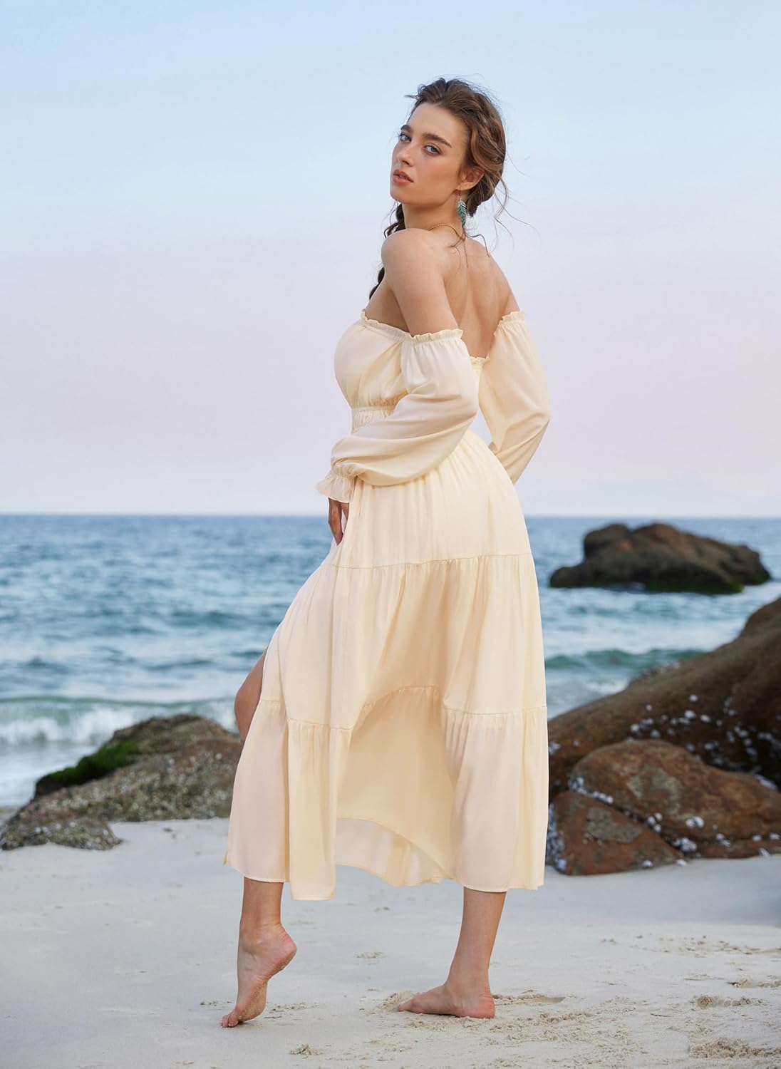 SCARLET DARKNESS Women's Boho Dress 2026 Summer Off The Shoulder Long Sleeve Renaissance Maxi Dresses with Split - Image 7