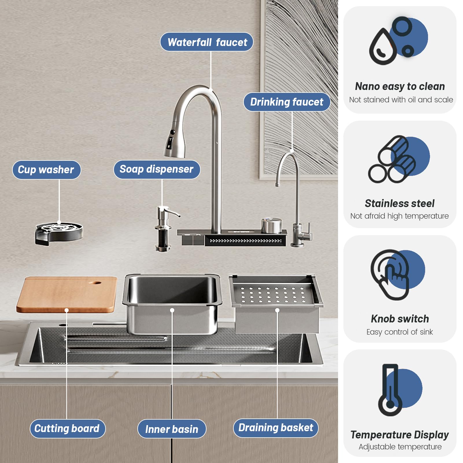 Fregadero de cocina plateado de 85 x 50 cm, acero inoxidable 304, cascada con grifo extensible, lavavajillas de cristal, tabla de cortar, sifón, tubo de drenaje, fregadero multifuncional, fregadero de