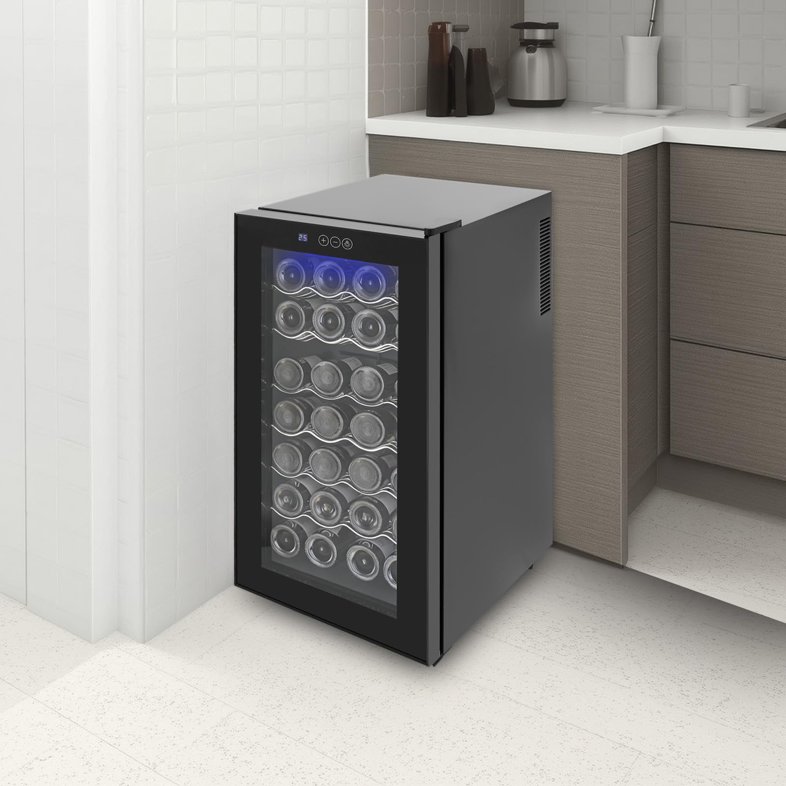 Weinkühlschrank 78L 32 Flaschen Standweinkühlschrank Mit LED Display Temperaturbereich 12-18°C,7 Abstellflächen Belastbar 9kg Pro Stück,Doppelschicht Glas Tür Leise ≤38dB Ideal Für Rotwein Champagner