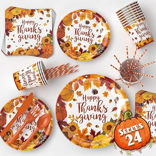 Miniatura 1 de Platos de Acción de Gracias, plato de papel desechable de Acción de Gracias, decoraciones de mesa de Acción de Gracias, sirve 24 juegos de vajilla