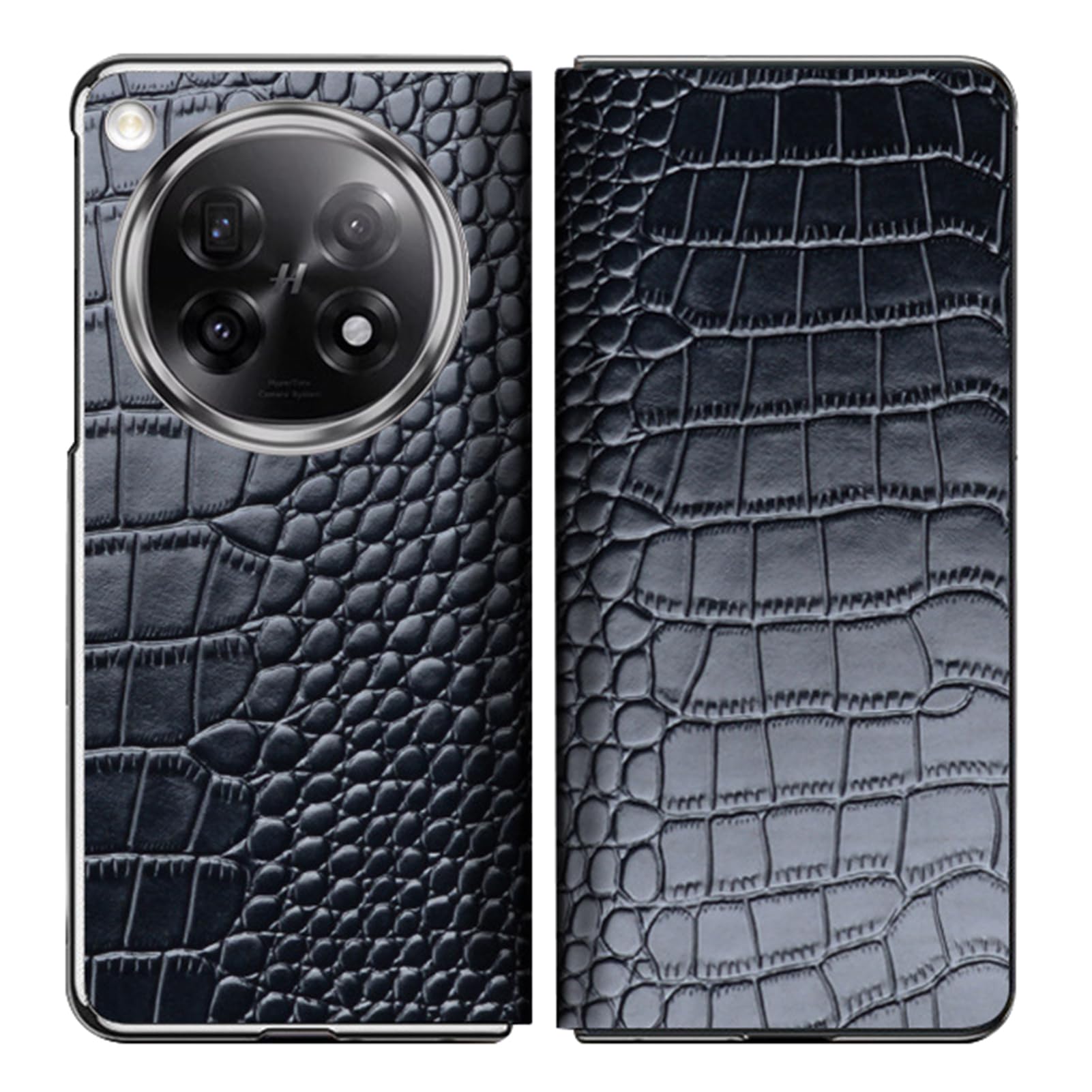 Luotanl Black Flip Case For Oppo Find N6, Crocodile Texture Genuine Leather Full Wrap Impact Resistant Cover