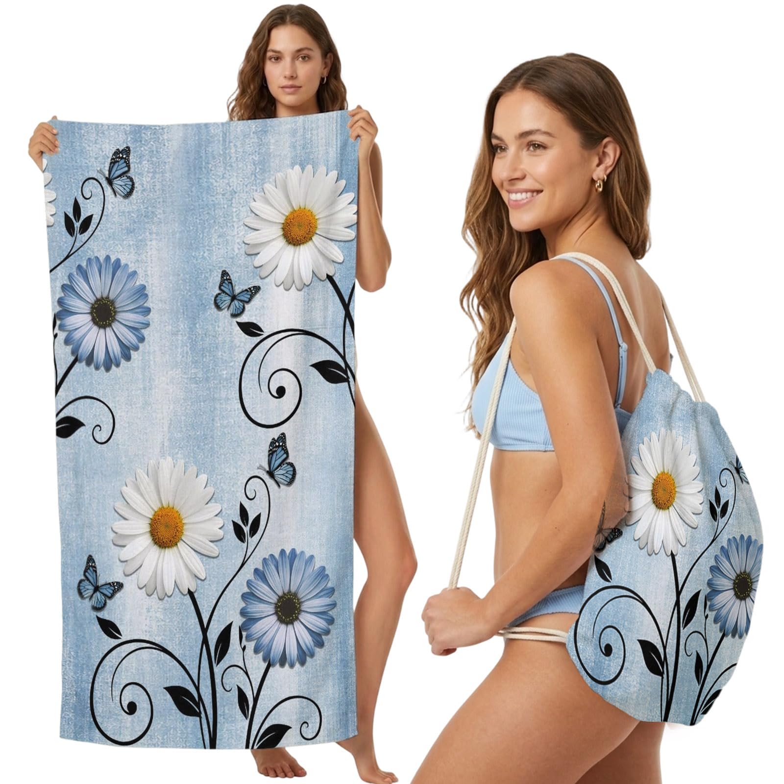 Beach Towel Bag 2 in 1 Blue Daisy Flower Vines Bath Pool Towels Backpack Butterfly Blooms Absorbent Beach Towel Soft Quick Dry Lightweight Packable Towels Drawstring Bag for Travel Camping Sports Yoga