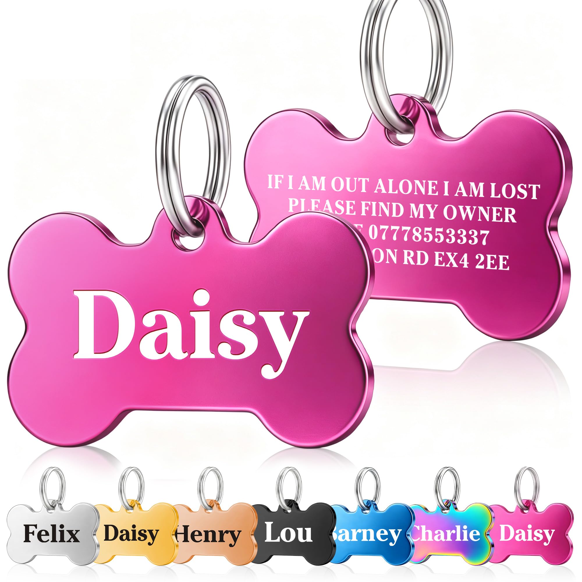 Dog Tags for Pets Engraved UK Personalised Dog Tag ID Name Tags for Cat Puppy Pet Collar Double Sided Deeply Laser Engraved Stainless Steel Identify Tags (Pink(Bone), L)