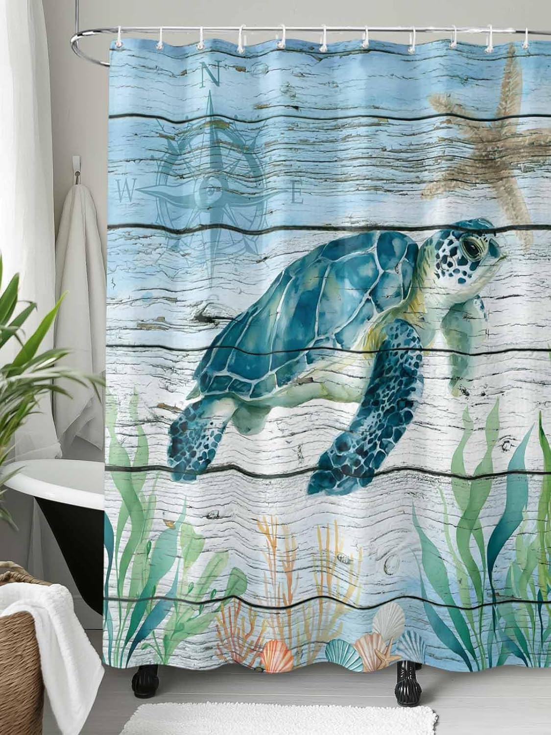 Shower Curtain for Bathroom Underwater Sea Turtle Seaweed Waterproof Bath Curtains Grommet Shower Curtains with Hooks for Bathtubs Toilet Decor 72×84in Compass Starfish on Wood Plank