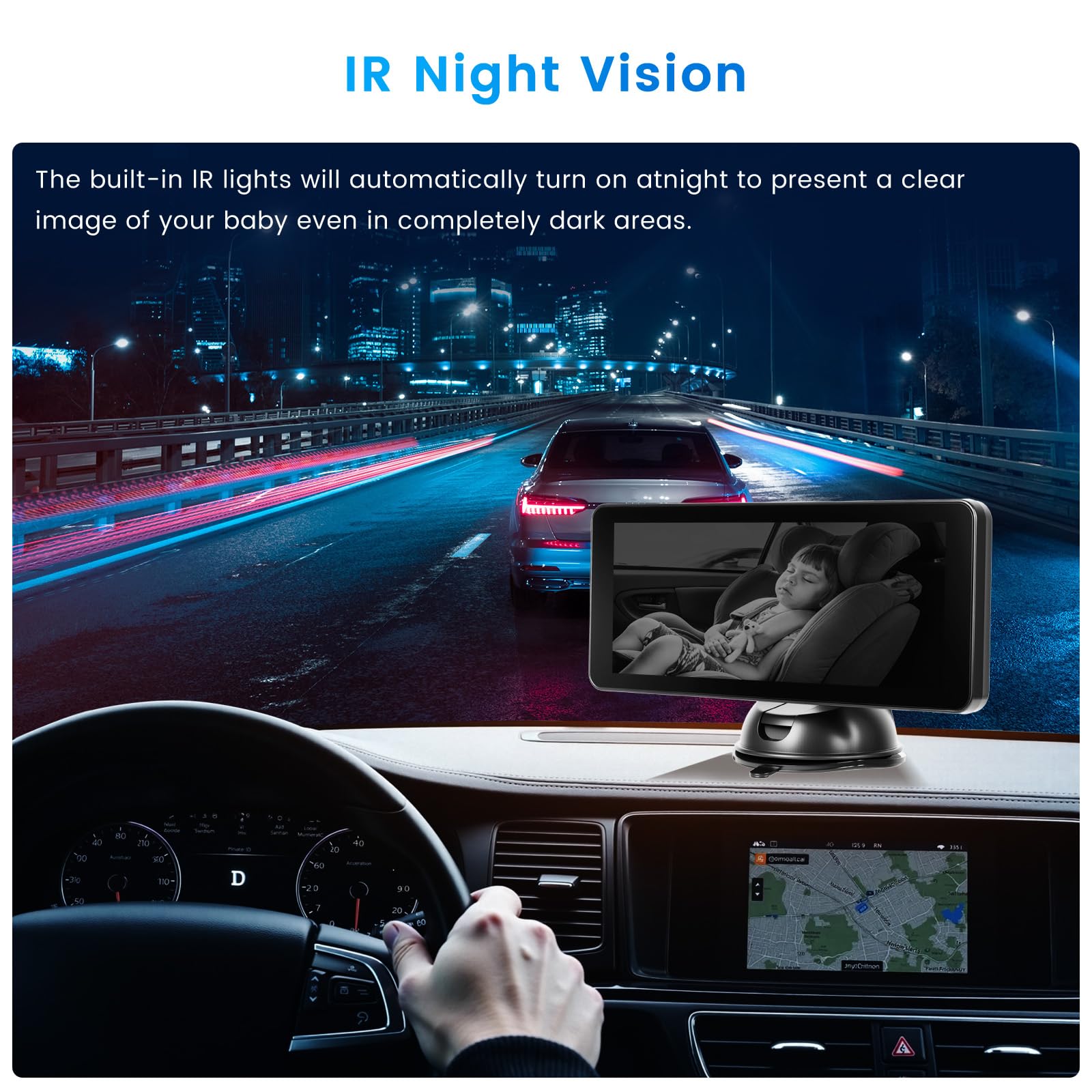 Monitor Bebé Coche con Cámara Pantalla IPS 6,9" Ventosa | Vigilancia Trasera Infantil. Visión Nocturna. Soporte Matrícula. DC 12V