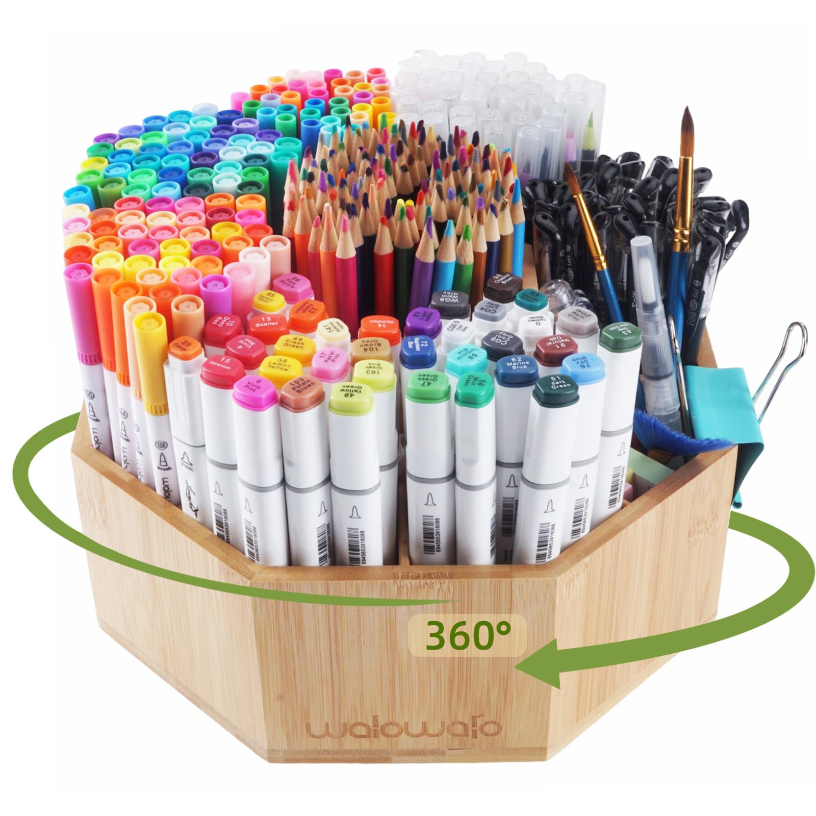 – walowalo Bamboo Rotating Art Supply Holds 800+ Pencils 160 Marker Organiser Spinning Crayon Marker Pen Holder for Desk Brush Storage for Office School Classroom Organization Stationary (Larger VER)